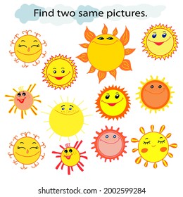 Educational game for children. Find the same pictures. A set of funny suns. Hand drawn. Colored vector illustration.