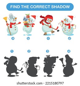 Educational game for children, find the shadow. Choose the right shadow for the snowman