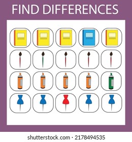 Educational game for children. Find stationery school that are different from others in the row and circle them