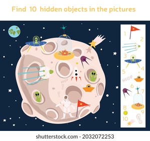 Educational game for children. Find ten objects in picture. Image of moon with aliens, spaceships and stars. Development of mindfulness. Cartoon flat vector illustration isolated on white background