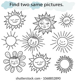 Educational game for children. Find two same pictures. Set of cheerful suns. Hand drawn. Black and white vector illustration.