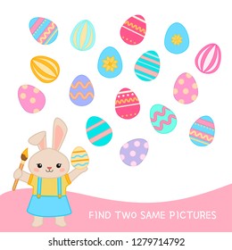 Educational  game for children. Find two same pictures. Kids activity with Easter eggs.