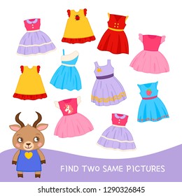 Educational  game for children. Find two same pictures. Kids activity with cartoon dresses.