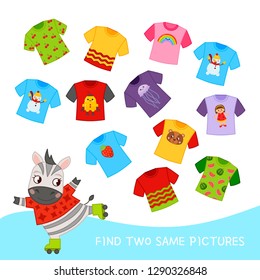 Educational  game for children. Find two same pictures. Kids activity with cartoon t-shirts.