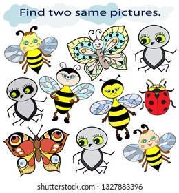 Educational game for children. Find two same pictures. Set of insects. Butterflies, bees, spiders, ladybug. Hand drawn. Color vector illustration.