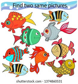 Educational game for children. Find two same pictures. A set of fish. Color vector illustration.