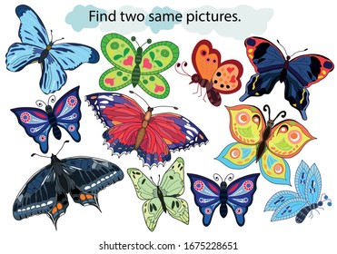 Educational game for children. Find two same pictures. Set of butterflies. Hand drawn. Color vector illustration.