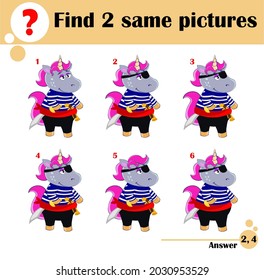 Educational game for children. Find two same pictures. Cute unicorn in a pirate costume. Cartoon vector illustration for kids