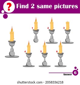 Educational game for children. Find two same pictures. Set of wax candles in metal candlesticks. Cartoon vector illustration for children