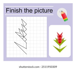 Educational game for children. Finish the picture - cartoon red flower. Coloring page. 