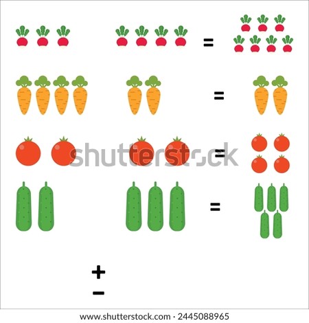 Educational game for children. Fun math. A fun addition with a sheet of cartoon vegetables.