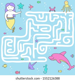 Educational game for children. A fun maze for young children.Magical underwater world, cute mermaid and dolphin. Cartoon vector illustration.