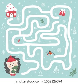 Educational game for children. A fun maze for young children."Help the hedgehog to reach the house." Cartoon vector illustration.