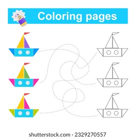 Educational game for children. Go through the maze and color the cartoon sailboat according to the pattern. Vector illustration. 
