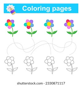 Educational game for children. Go through the maze and color the flower according to the pattern. Vector illustration. 