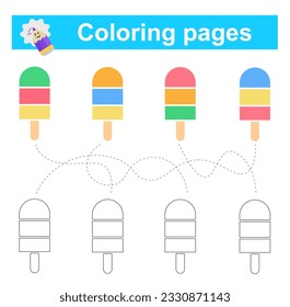 Educational game for children. Go through the maze and color cartoon ice cream according to the pattern. Vector illustration. 