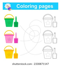 Educational game for children. Go through the maze and color the bucket according to the pattern. Vector illustration. 