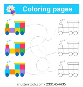 Educational game for children. Go through the maze and color the cartoon truck according to the pattern. Vector illustration. 