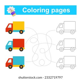 Educational game for children. Go through the maze and color the truck according to the pattern. Vector illustration. 