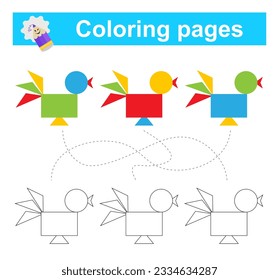 Juego educativo para niños. Recorra el laberinto y coloree el cartel de dibujos animados según el patrón. Ilustración vectorial. 