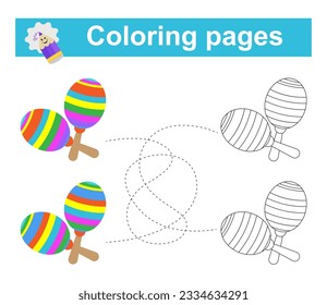 Educational game for children. Go through the maze and color the maracas according to the pattern. Vector illustration. 