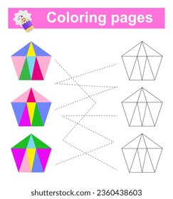 Educational game for children. Go through the maze and color a pentagon according to the pattern. Vector illustration.