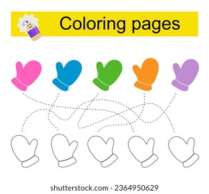 Educational game for children. Go through the maze and color a mitten according to the pattern. Vector illustration. 
