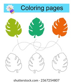Educational game for children. Go through the maze and color a leaf according to the pattern. Vector illustration.