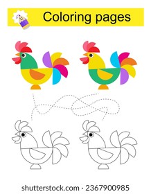 Educational game for children. Go through the maze and color a rooster according to the pattern. Vector illustration.