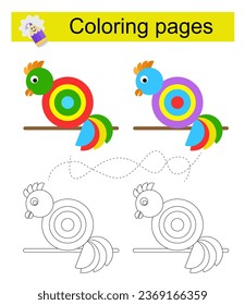 Educational game for children. Go through the maze and color a parrot according to the pattern. Vector illustration.