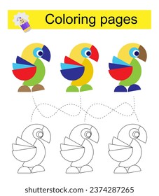 Educational game for children. Go through the maze and color a parrot according to the pattern. Vector illustration.