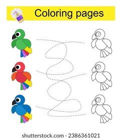 Juego educativo para niños. Pasa por el laberinto y colorea un loro según el patrón. Ilustración vectorial.