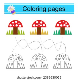 Educational game for children. Go through the maze and color a cartoon fly agaric according to the pattern. Vector illustration.