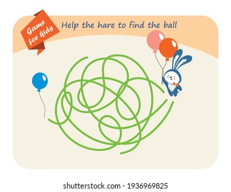 Erziehungsspiel für Kinder. Der Hase hat den Ballon verloren, helfen Sie, den Weg zu finden, um den Ballon