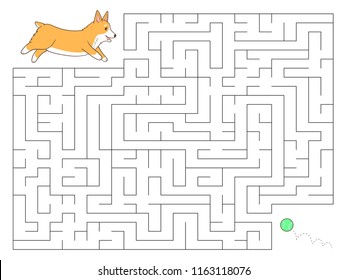 Educational game for children. Help the dog find the right way to the ball. Cartoon style Welsh Corgi puppy. Vector illustration.