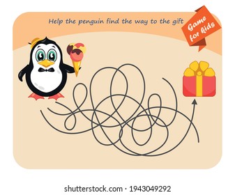 Erziehungsspiel für Kinder. Helfen Sie dem Pinguin, den Weg zum Geschenk zu finden
