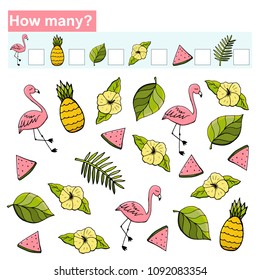Educational game for children. How many tropical objects? Hand drawn. Vector illustration