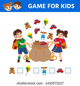 Educational game for children. How many toys?. Cartoon vector illustration of cute little schoolgirl and schoolboy. Game tasks for attention. Kids activity sheet