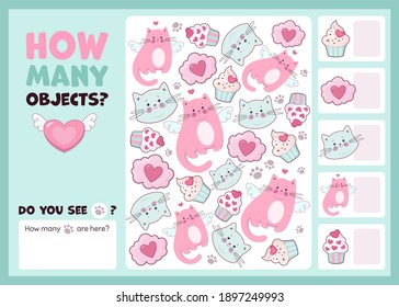 Educational game for children. How many objects. Game for Preschool and Elementary School kids activity. Worksheet colorful printable version. Cats and sweets. Vector Illustration.