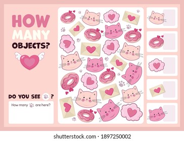 Educational game for children. How many objects. Game for Preschool and Elementary School kids activity. Worksheet colorful printable version. Cats and sweets. Vector Illustration.