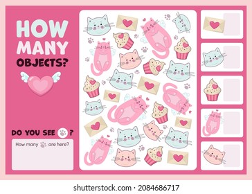 Juego educativo para niños. Cuántos objetos. Juego para la actividad de los niños de preescolar y primaria. Versión imprimible de color de hoja de cálculo. Gatos, dulces, corazones y sobres. Ilustración vectorial.