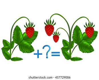 Educational game for children, illustration of mathematical addition, examples with strawberries.