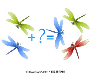 Educational game for children, illustration of mathematical addition examples with dragonflies.