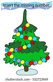 Educational game for children. Insert the missing number.  Educational mathematical game in pictures.  Color. Christmas tree.