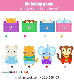 Educational game for children, kids activity. Match animals with box. Study logic for pre school years toddlers