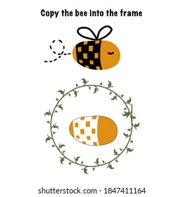 Educational game for children. Kids activity with copy the bee into the frame. Read Draw Learn. Vector Illustration