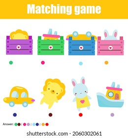 Educational game for children, kids activity. Match toys with box. Study logic for pre school years toddlers