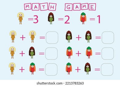 Educational game for children, kids.  Game learning math, counting game. Vector illustration for print, page
