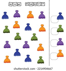 Juego educativo para niños, niños.  Matemáticas de aprendizaje de juegos, juego de conteo. Ilustración vectorial para impresión, página