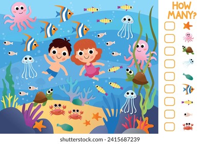 Juego educativo para niños. Los niños nadan en el mundo submarino entre peces y corales. Buscar y contar animales ocultos. Exploración de la vida marina. Diseño divertido para niños pequeños. Dibujo vectorial plano de dibujos animados